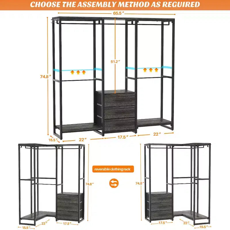 Portant à vêtements avec tiroirs en tissu, système d'organisation de placard autoportant
