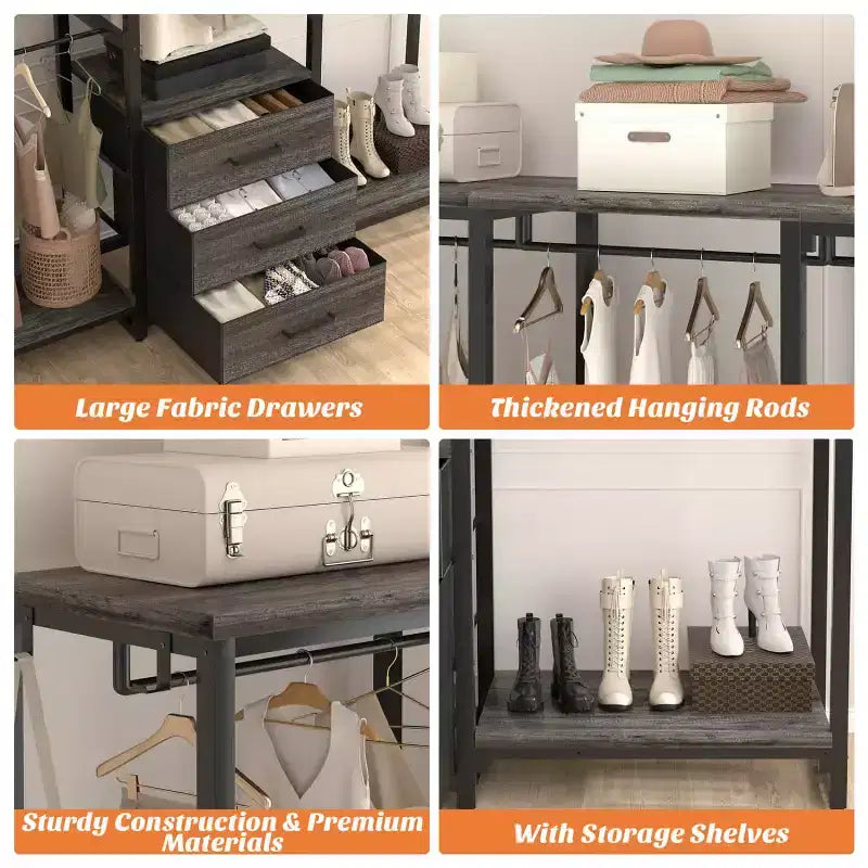 Portant à vêtements avec tiroirs en tissu, système d'organisation de placard autoportant
