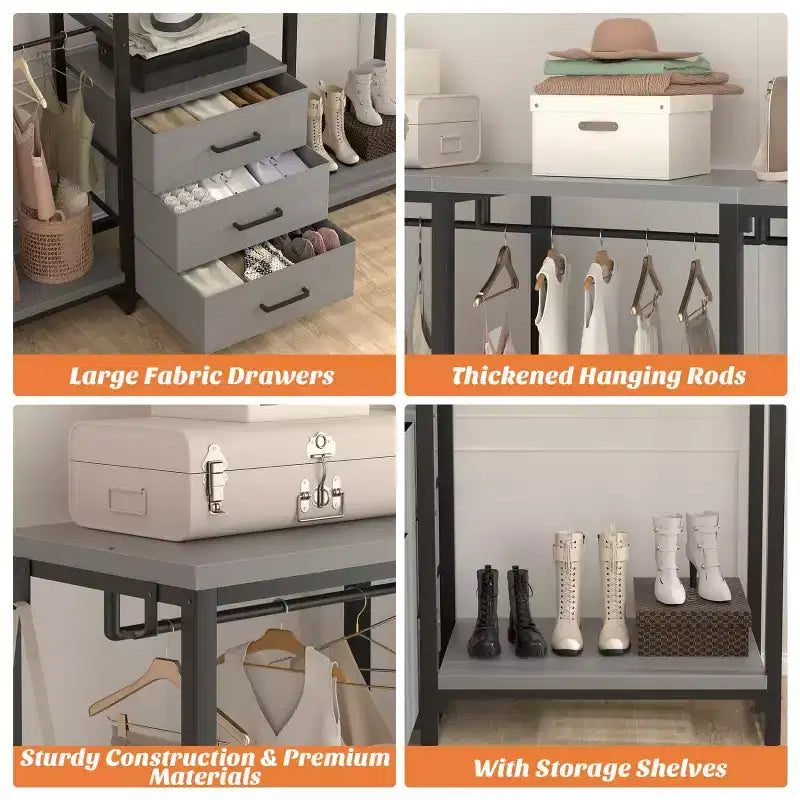 Portant à vêtements avec tiroirs en tissu, système d'organisation de placard autoportant