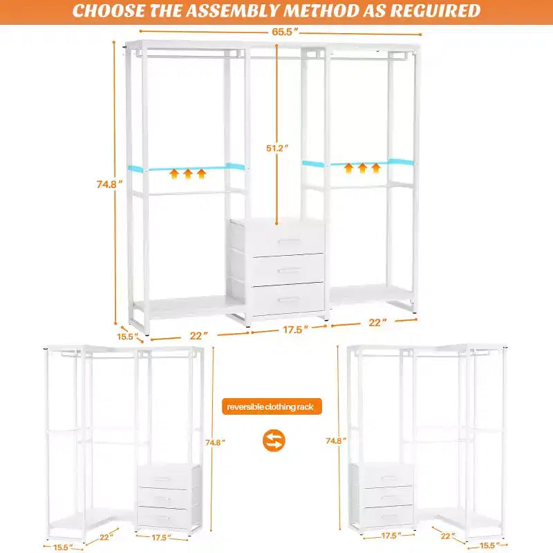 Portant à vêtements avec tiroirs en tissu, système d'organisation de placard autoportant