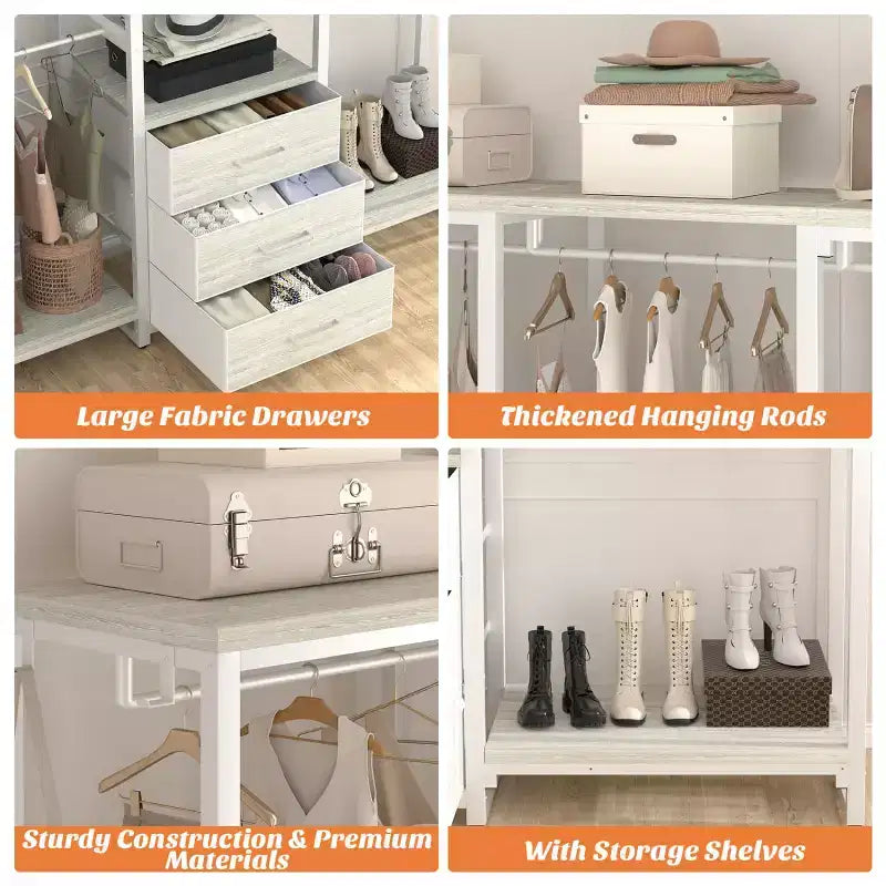 Portant à vêtements avec tiroirs en tissu, système d'organisation de placard autoportant