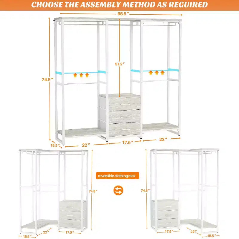 Portant à vêtements avec tiroirs en tissu, système d'organisation de placard autoportant