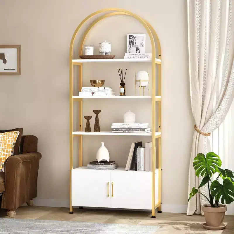 Bibliothèque cintrée, étagère avec portes de rangement, étagère industrielle de 181,6 cm de haut avec cadre métallique robuste et panneaux de qualité