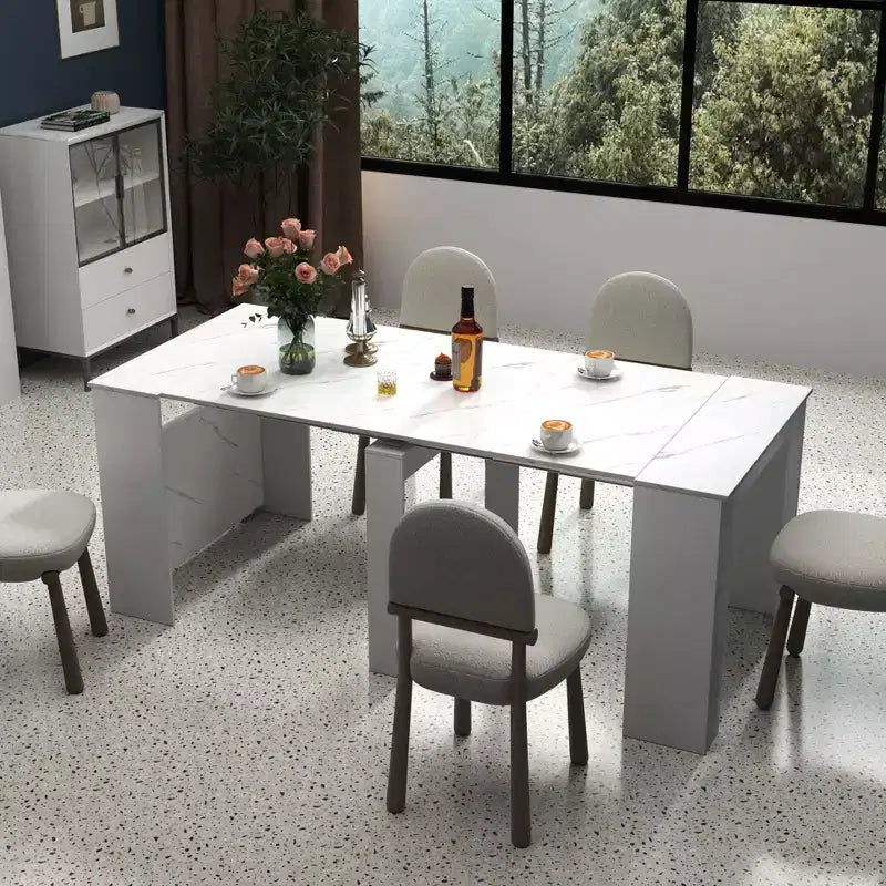 Table de salle à manger moderne extensible 118IN avec peinture marbrée, ensemble table pliante pour 6 personnes, table de cuisine pour salon, salle à manger, blanc