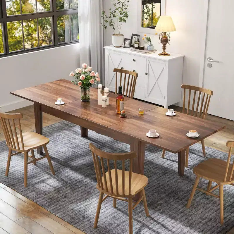 Table de cuisine extensible moderne de 270,5 cm avec grand plateau, table à manger avec pieds épais, table pliable pour salon, salle à manger, noyer
