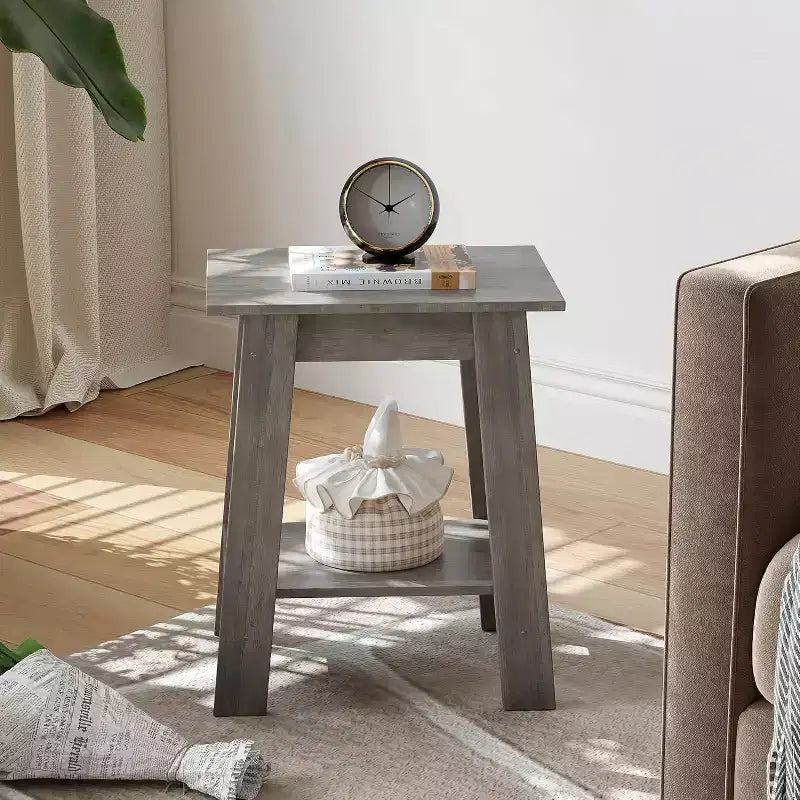 Table d'appoint, bout de canapé avec étagère de rangement à 2 niveaux, pour petits espaces, gris