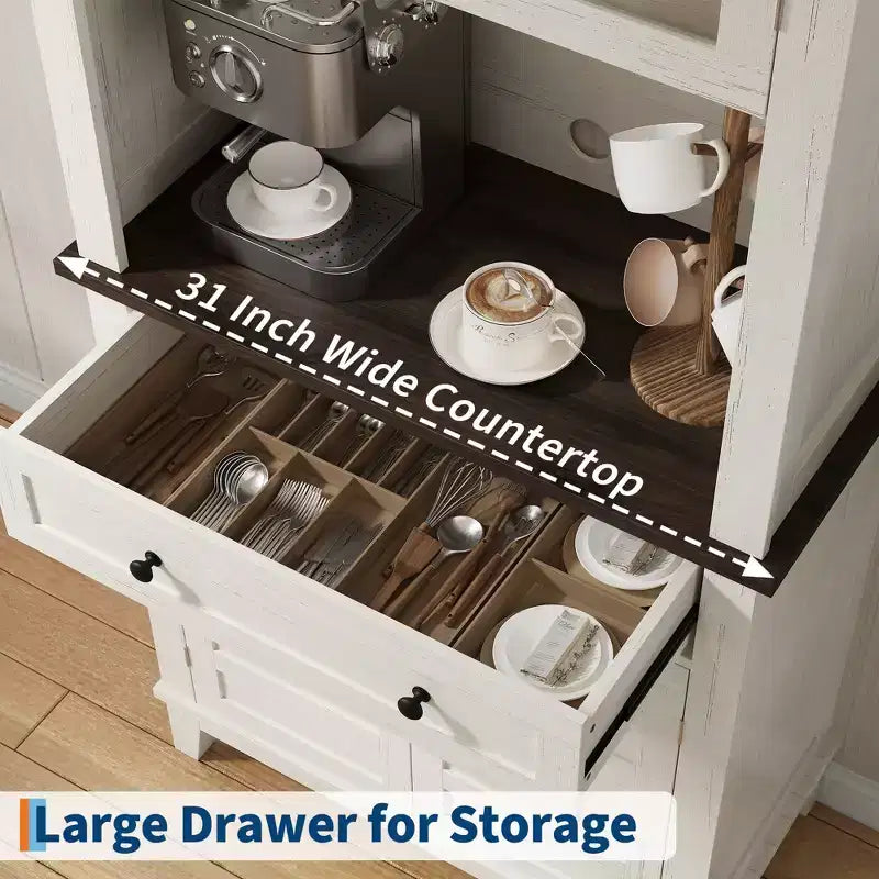 Meuble de rangement de cuisine avec portes vitrées et tiroirs, étagères réglables pour bar à café, salle à manger, style rustique