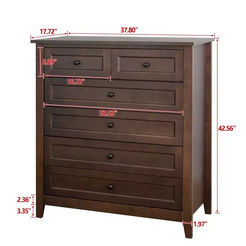 Commode à 6 tiroirs pour chambre, commode marron rustique avec 4 pieds en bois robustes, commode marron foncé pour salon, couloir, entrée