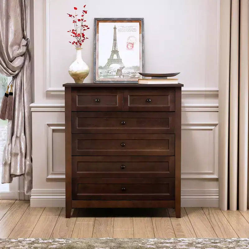 Commode à 6 tiroirs pour chambre, commode marron rustique avec 4 pieds en bois robustes, commode marron foncé pour salon, couloir, entrée