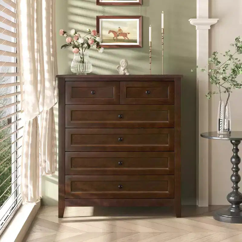 Commode à 6 tiroirs pour chambre, commode marron rustique avec 4 pieds en bois robustes, commode marron foncé pour salon, couloir, entrée