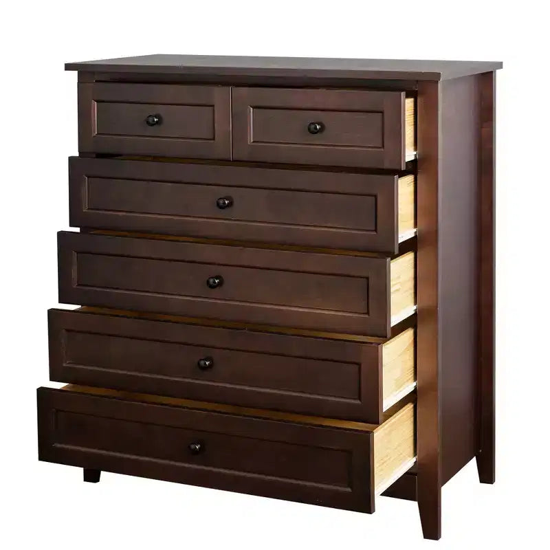 Commode à 6 tiroirs pour chambre, commode marron rustique avec 4 pieds en bois robustes, commode marron foncé pour salon, couloir, entrée