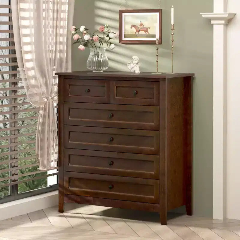 Commode à 6 tiroirs pour chambre, commode marron rustique avec 4 pieds en bois robustes, commode marron foncé pour salon, couloir, entrée