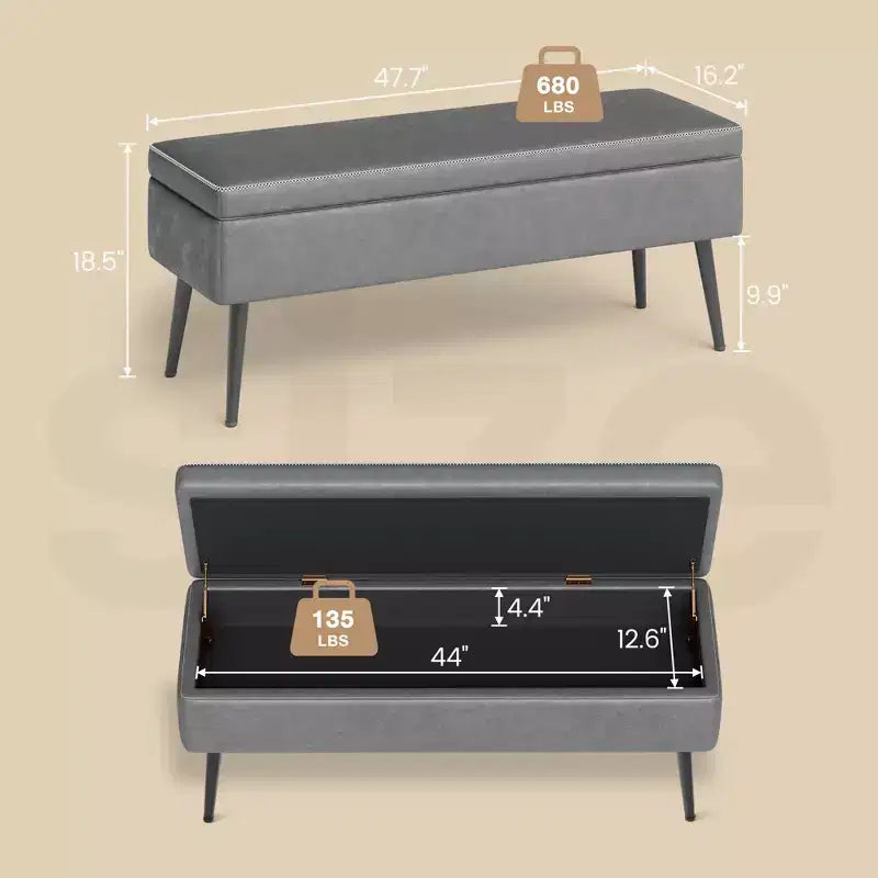Banc ottoman Mid-Century Modern avec rangement, banquette à chaussures rembourrée en similicuir, rectangulaire, pour le pied de lit ou l'entrée, charnières de sécurité doubles.