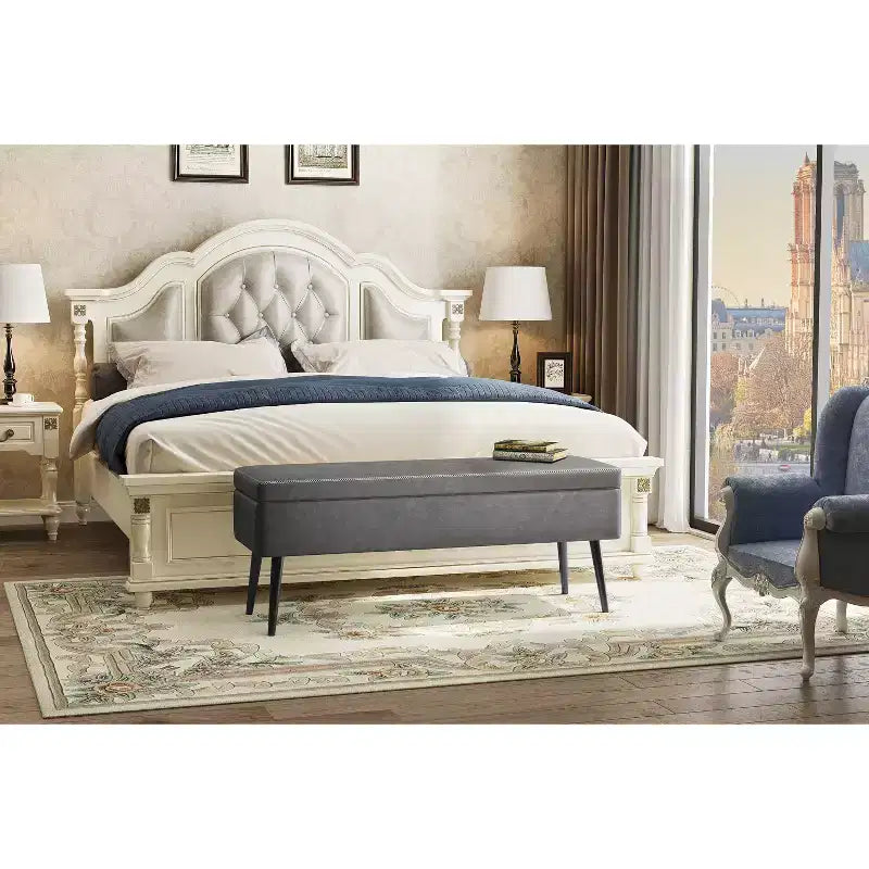 Banc ottoman Mid-Century Modern avec rangement, banquette à chaussures rembourrée en similicuir, rectangulaire, pour le pied de lit ou l'entrée, charnières de sécurité doubles.