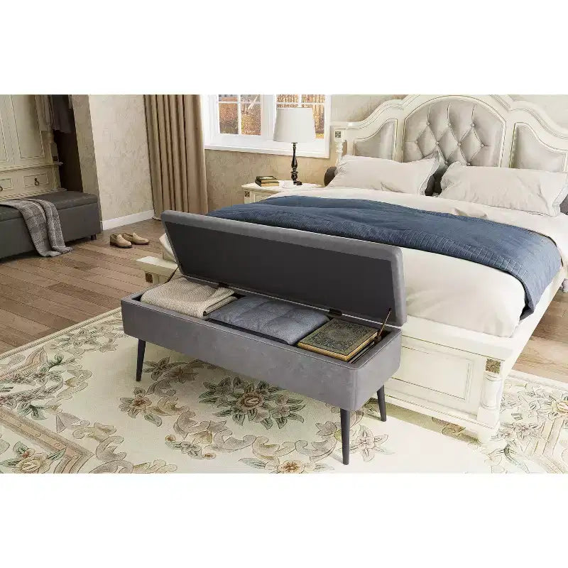 Banc ottoman Mid-Century Modern avec rangement, banquette à chaussures rembourrée en similicuir, rectangulaire, pour le pied de lit ou l'entrée, charnières de sécurité doubles.