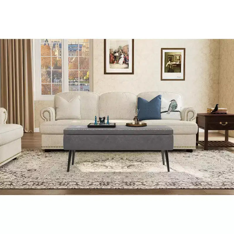 Banc ottoman Mid-Century Modern avec rangement, banquette à chaussures rembourrée en similicuir, rectangulaire, pour le pied de lit ou l'entrée, charnières de sécurité doubles.