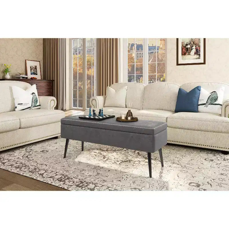 Banc ottoman Mid-Century Modern avec rangement, banquette à chaussures rembourrée en similicuir, rectangulaire, pour le pied de lit ou l'entrée, charnières de sécurité doubles.