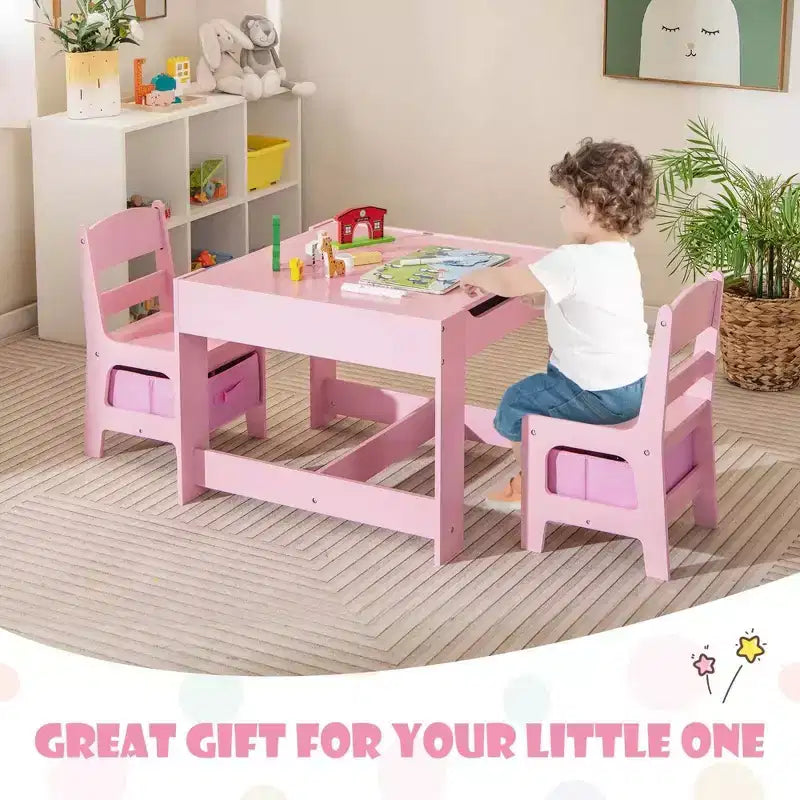 Table et Chaise d'Activités en Bois 3-en-1 avec Boîte de Rangement Rose