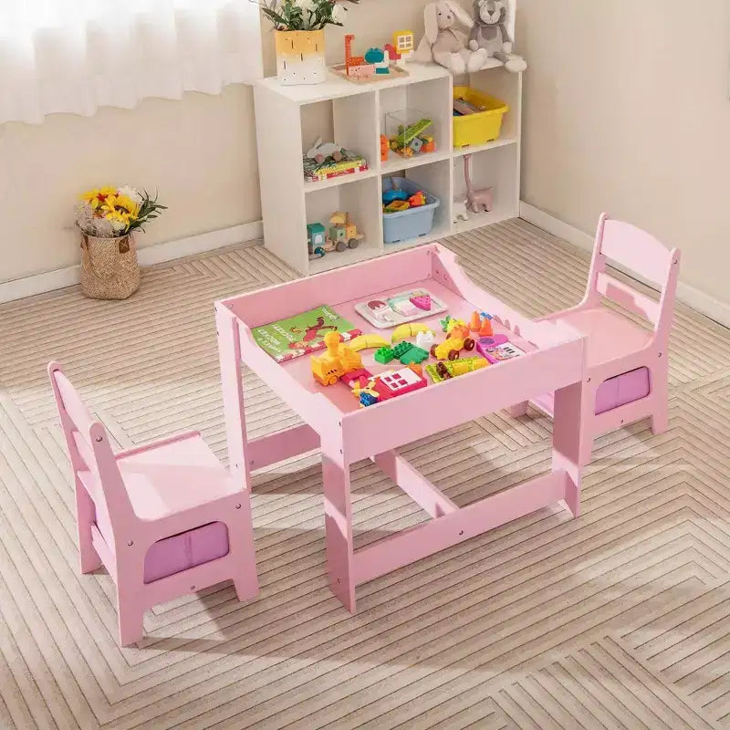 Table et Chaise d'Activités en Bois 3-en-1 avec Boîte de Rangement Rose
