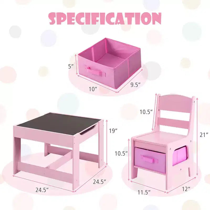 Table et Chaise d'Activités en Bois 3-en-1 avec Boîte de Rangement Rose
