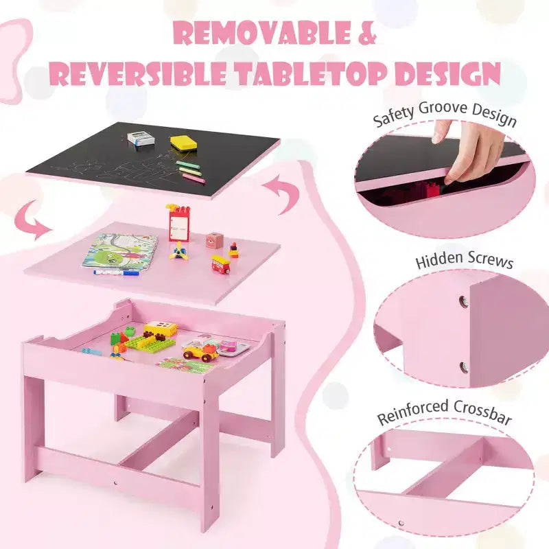 Table et Chaise d'Activités en Bois 3-en-1 avec Boîte de Rangement Rose