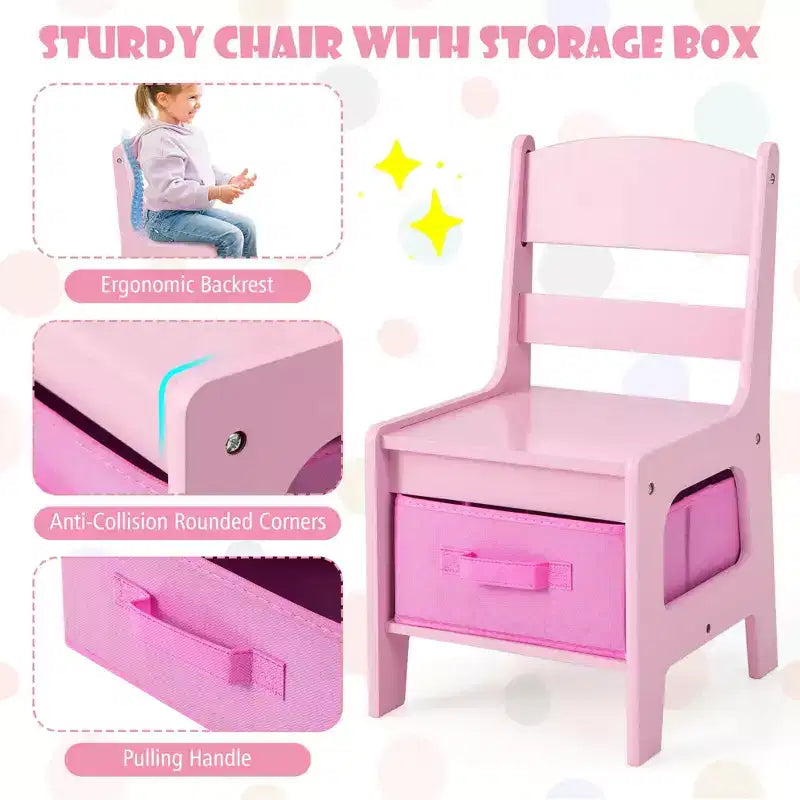 Table et Chaise d'Activités en Bois 3-en-1 avec Boîte de Rangement Rose