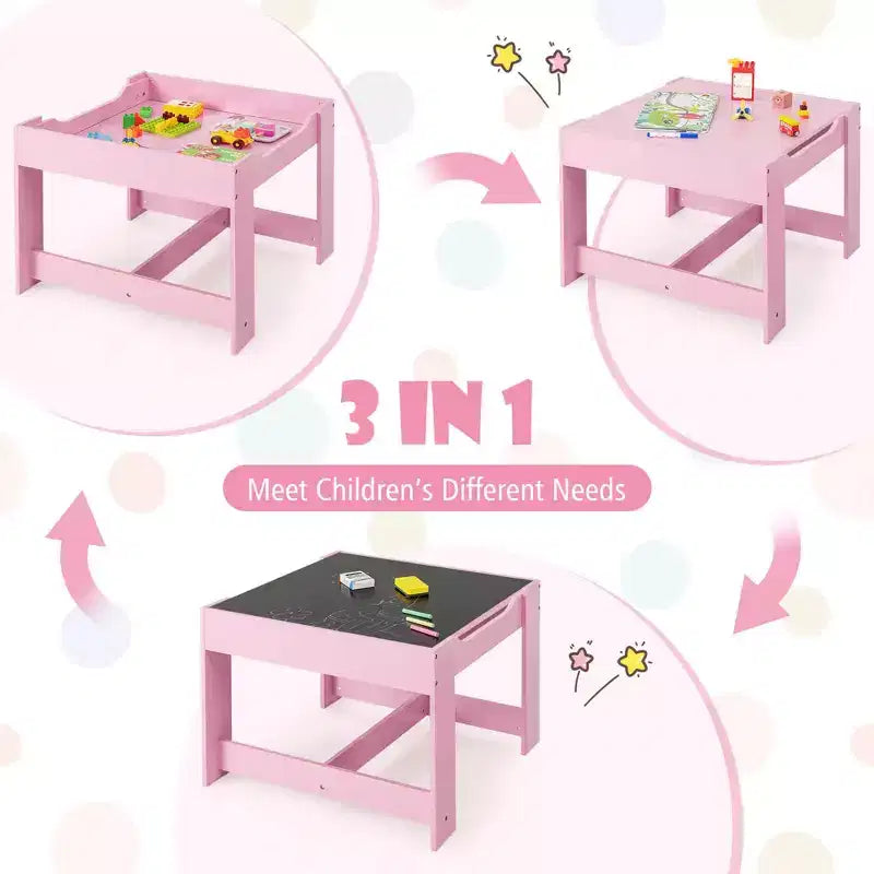 Table et Chaise d'Activités en Bois 3-en-1 avec Boîte de Rangement Rose